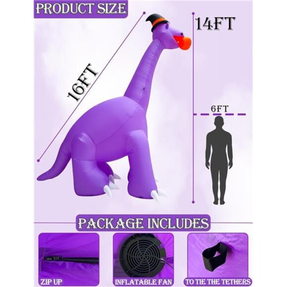 14 Ft Ht x 16 Ft L Giant Halloween Dinosaur Inflatable Blow Up Yard Decorations - Picture 2 of 7
